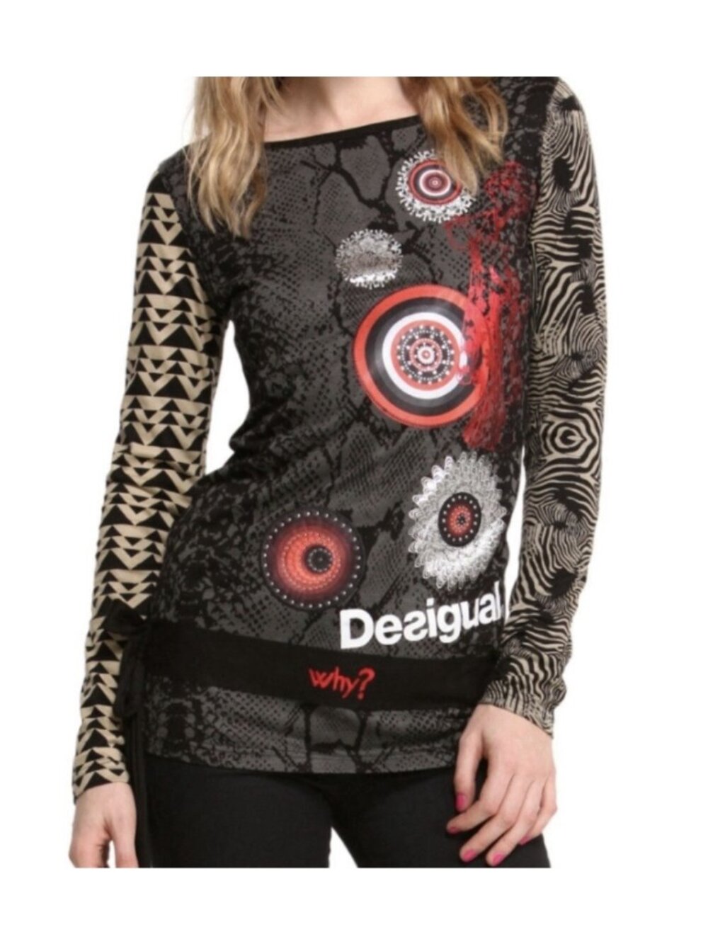 Desigual XL Moody Tee Shirt Tunic Top Giraffe Long Sleeve Geisha Drop Waist Tie